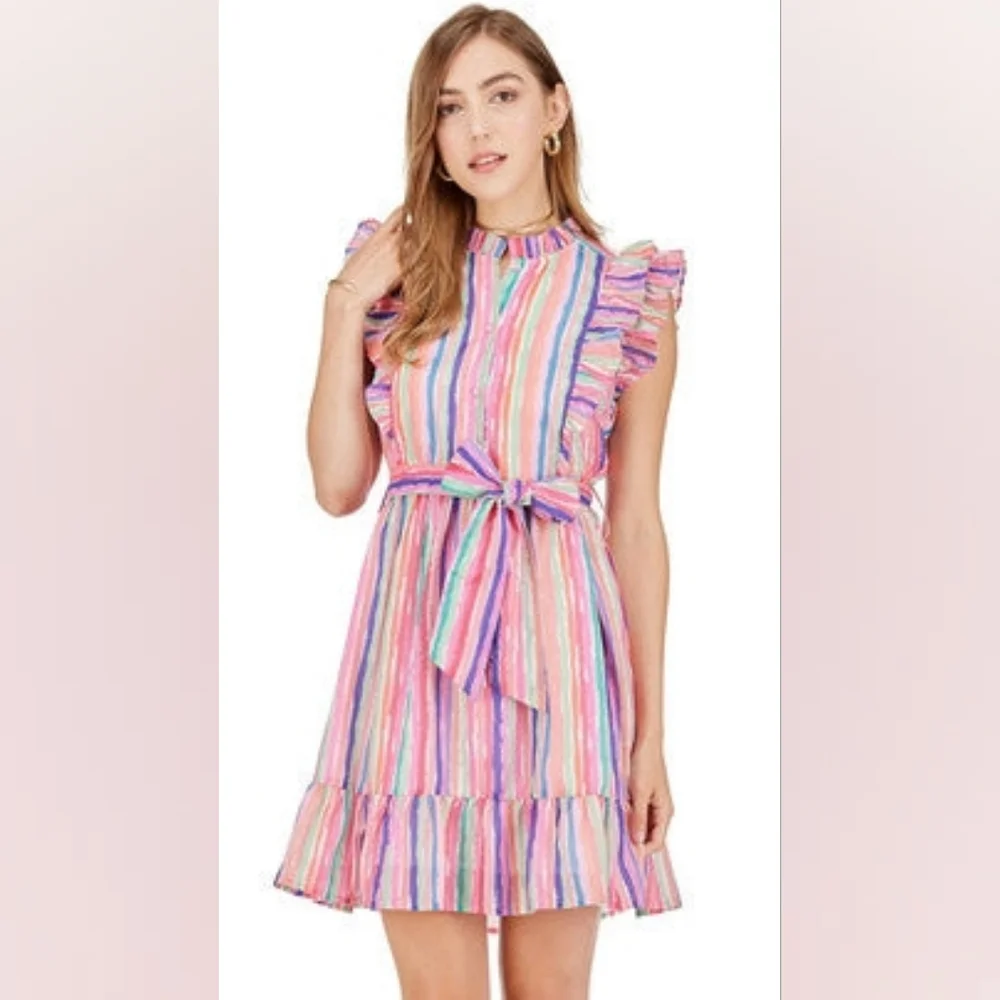 Joy Joy Ruffle Cinched Wasit Rainbow Striped dress Sz-L - Picture 1 of 6